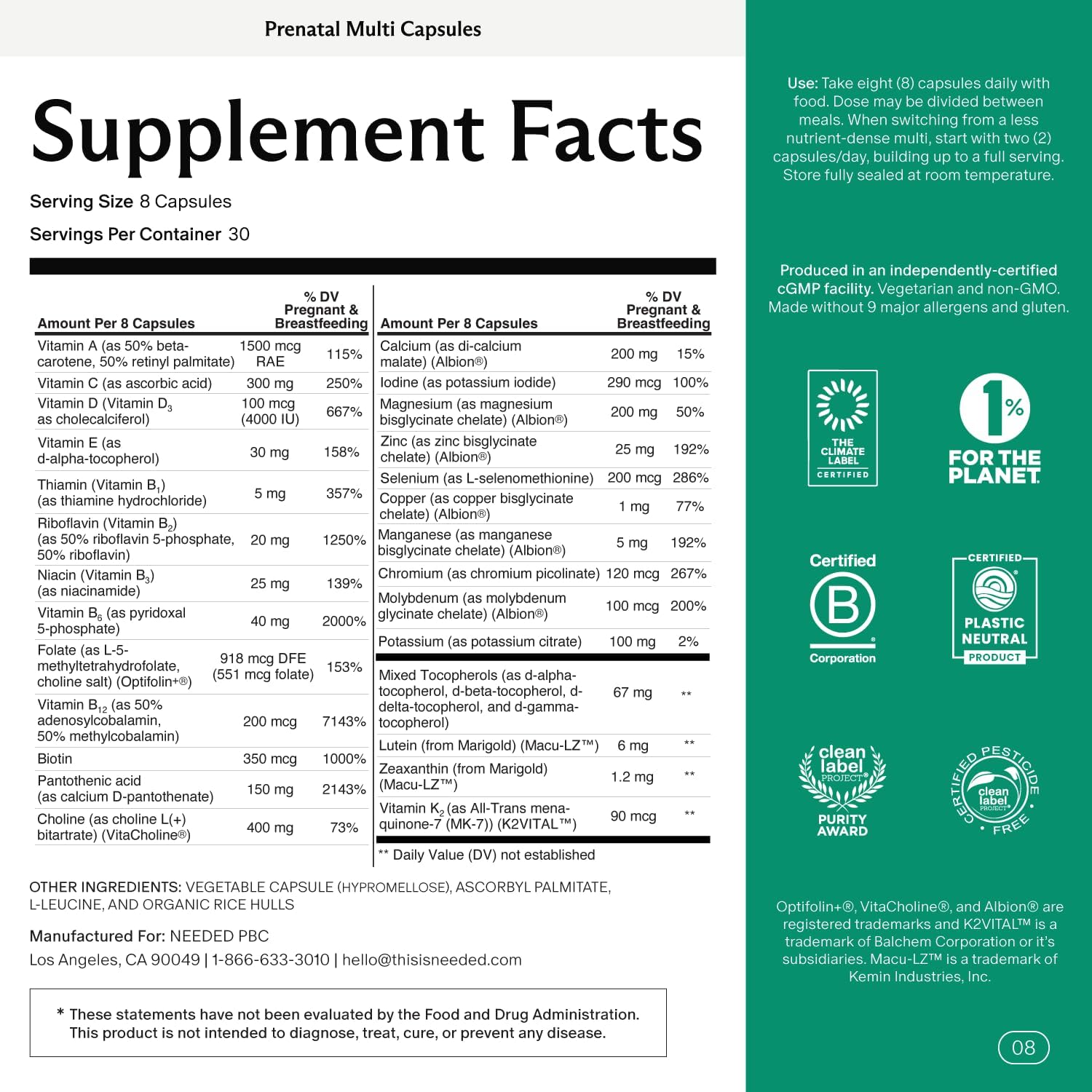 Needed. Multivitamin with Choline Capsules for Prenatal, Pregnancy, Breastfeeding, Postpartum | Expertly-Formulated & Third-Party Tested| 30-Day Supply
