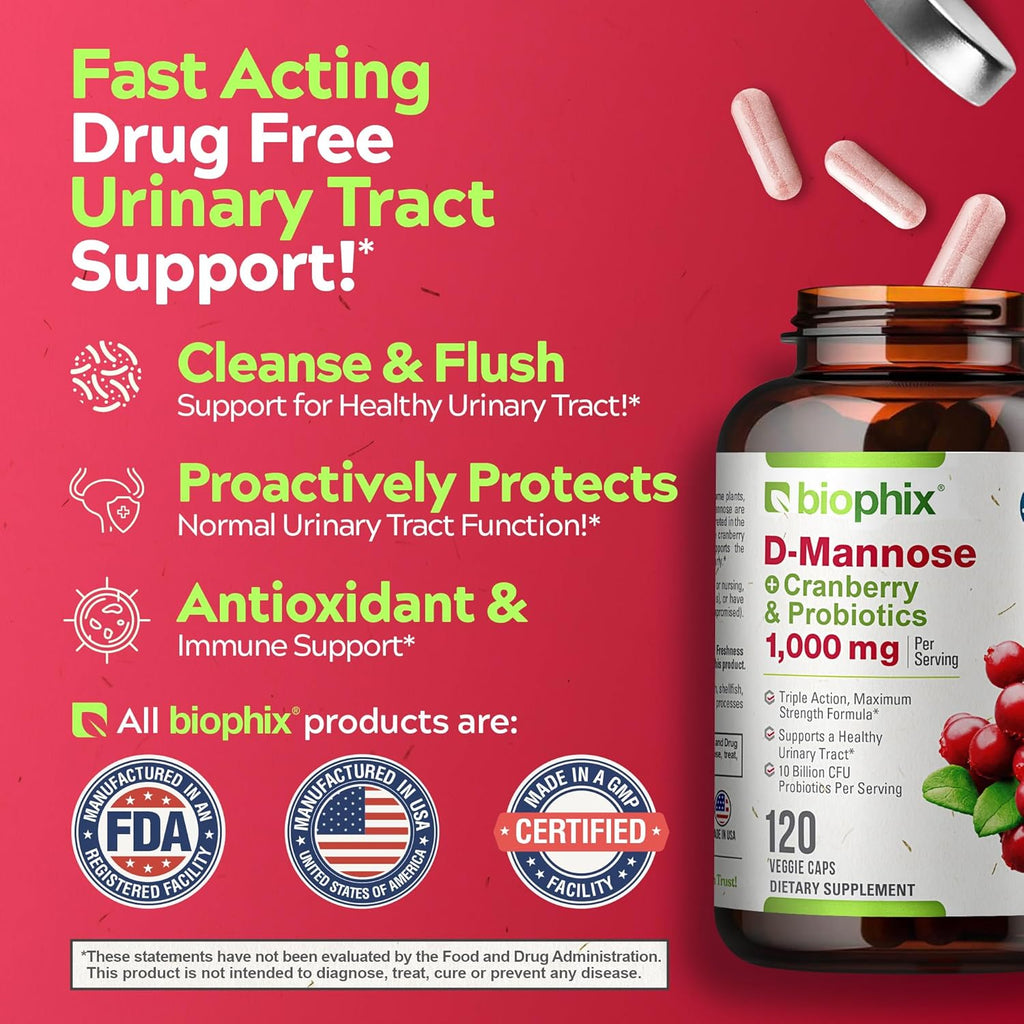 biophix D-Mannose 1000mg Capsules with Cranberry & Probiotics - D Mannose Supplements for Women - D-Mannose Pills for Urinary Tract & Bladder Health Support - Digestive Well-Being - 120 Vcaps 2 Pack