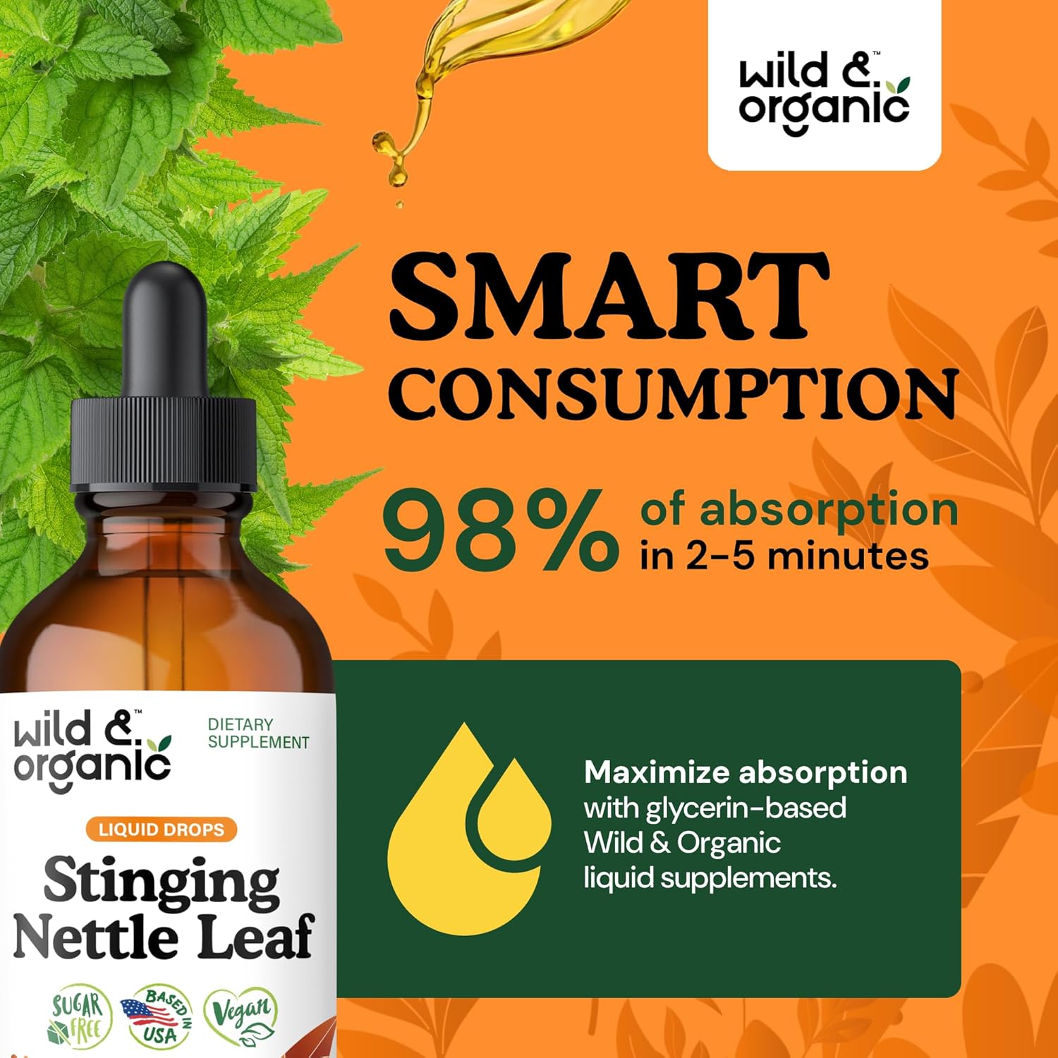 Wild & Organic Stinging Nettle Leaf Tincture - Urinary Tract Support - Stinging Nettle Extract Liquid Drops - Urtica Dioica Supplement - 5-Month Supply - Vegan, Sugar & Alcohol-Free - 4 fl oz