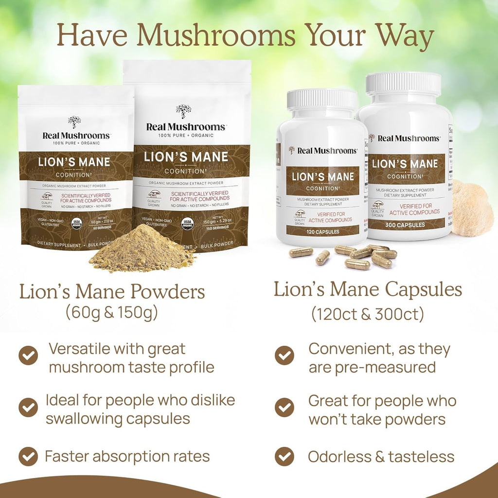 Real Mushrooms Lion’s Mane Supplement Capsules - Organic Lions Mane Extract for Overall Wellbeing - Beta Glucan Supplements – Vegan 300 ct Mushroom Extract