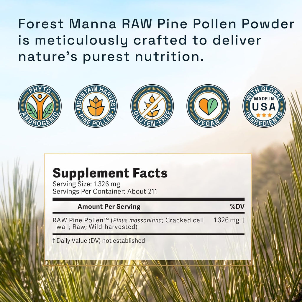 Forest Manna RAW Pine Pollen Powder – Mountain Harvest Pine Pollen – 280 Gram Pouch