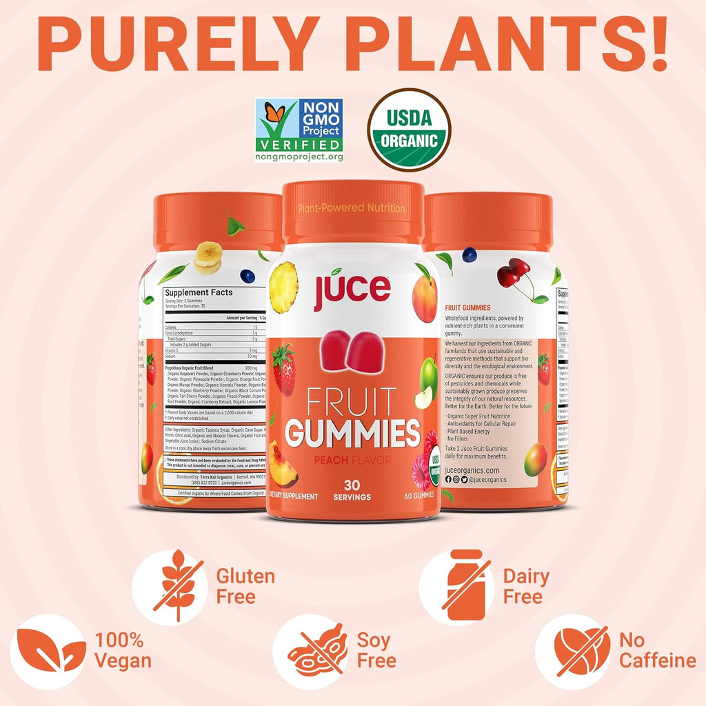 Juce Fruit Gummies with Peach Flavor - Superfood Gummies Delights for Optimal Health By Terra Kai Organics