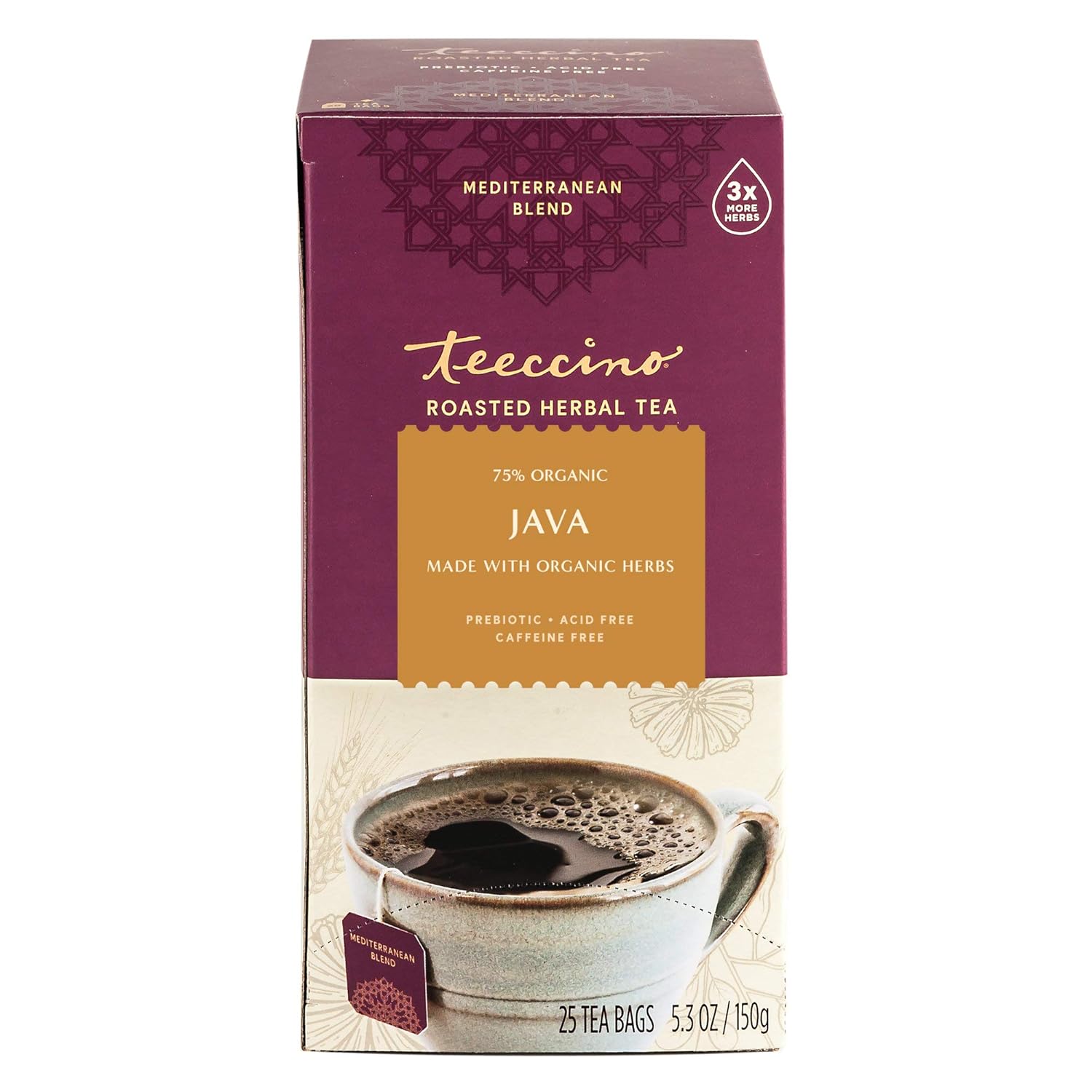 Teeccino Java Herbal Tea - Rich & Roasted Herbal Tea That’s Caffeine Free & Prebiotic for Natural Energy, 25 Tea Bags (Pack of 3)