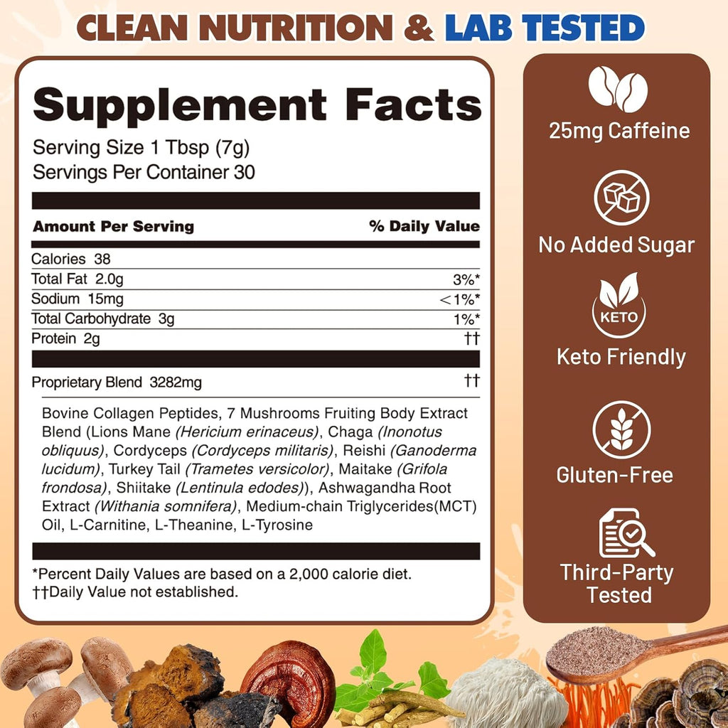 BLAZZE Mushroom Coffee,Adaptogenic 7 Mushrooms with Reishi,Lion's Mane & Chaga,Collagen Peptides, Ashwagandha,MCT,L-Theanine–Instant Coffee for Focus, Energy & & Immune Support–30 Servings