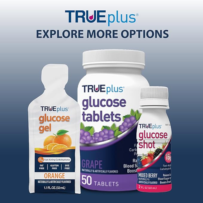 TRUEplus Glucose Gel Pouch, Fruit Punch Flavor, 15g Fast-Acting Carbohydrates, Fat Free, Gluten Free, Quick Support for Low Blood Sugar and Energy, 72 Pack