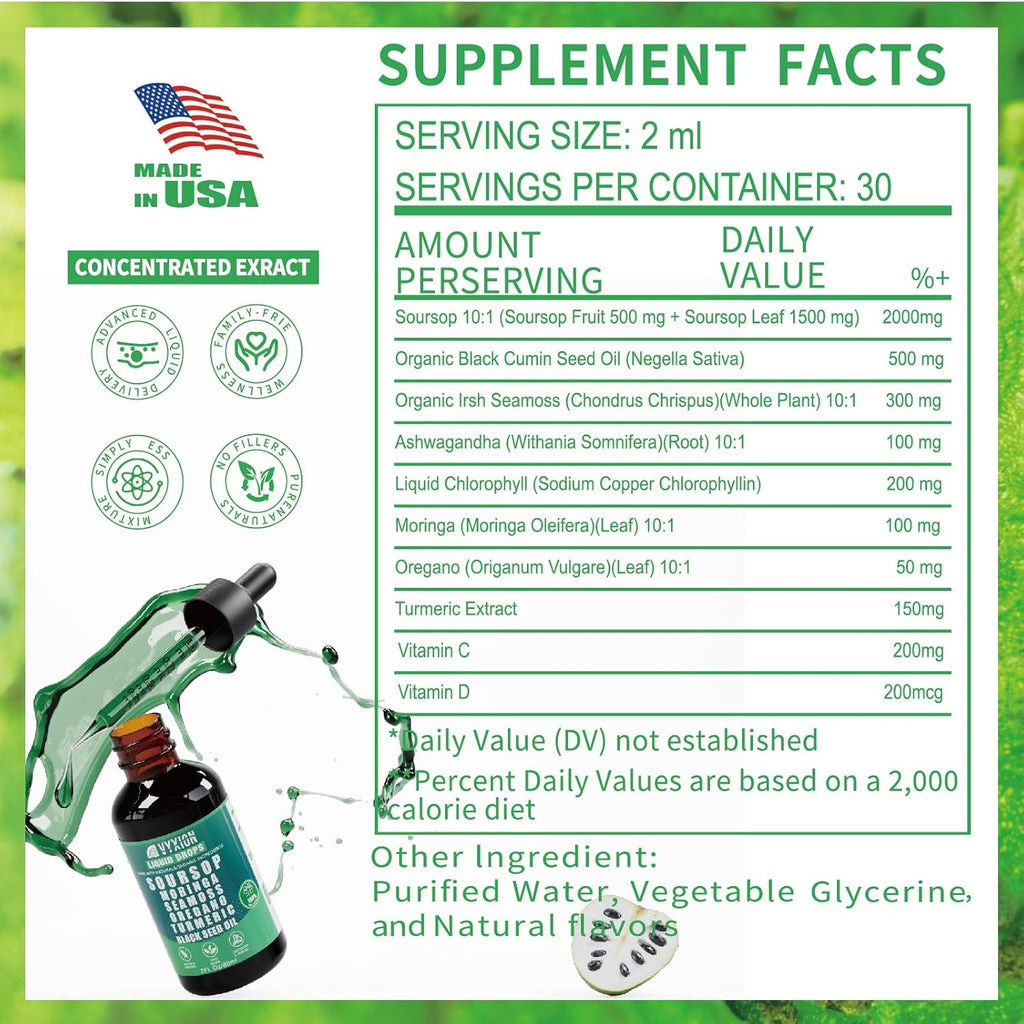 Soursop Pure Liquid Drops 10 in 1 with Sea Moss, Moringa, Turmeric, Black Seed Oil, Oregano, Ashwagandha | Herbal extracts for Overall Health-Enhancing | Vegan, Non-GMO | 4 Fl Oz