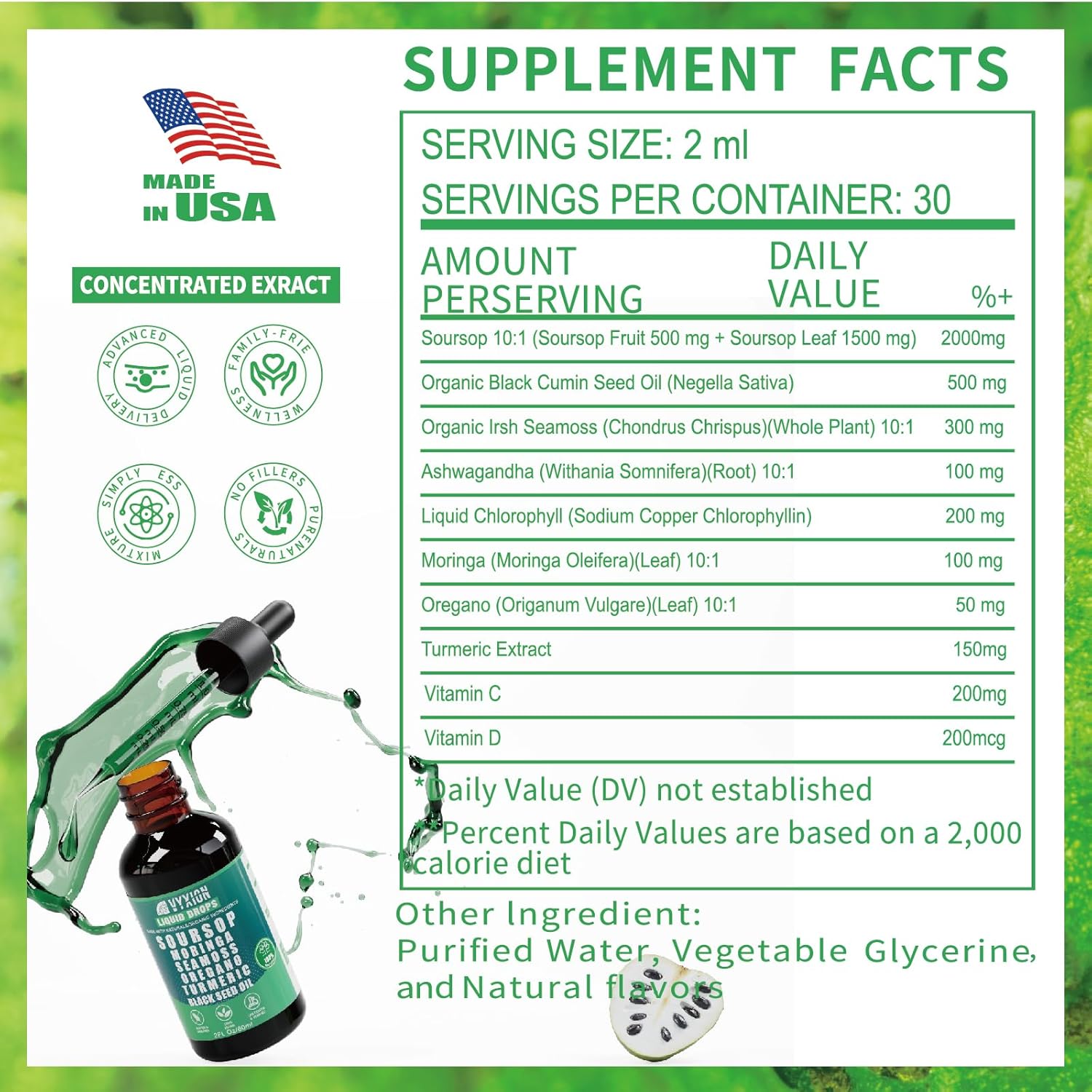 Soursop Pure Liquid Drops 10 in 1 with Sea Moss, Moringa, Turmeric, Black Seed Oil, Oregano, Ashwagandha | Herbal extracts for Overall Health-Enhancing | Vegan, Non-GMO | 4 Fl Oz