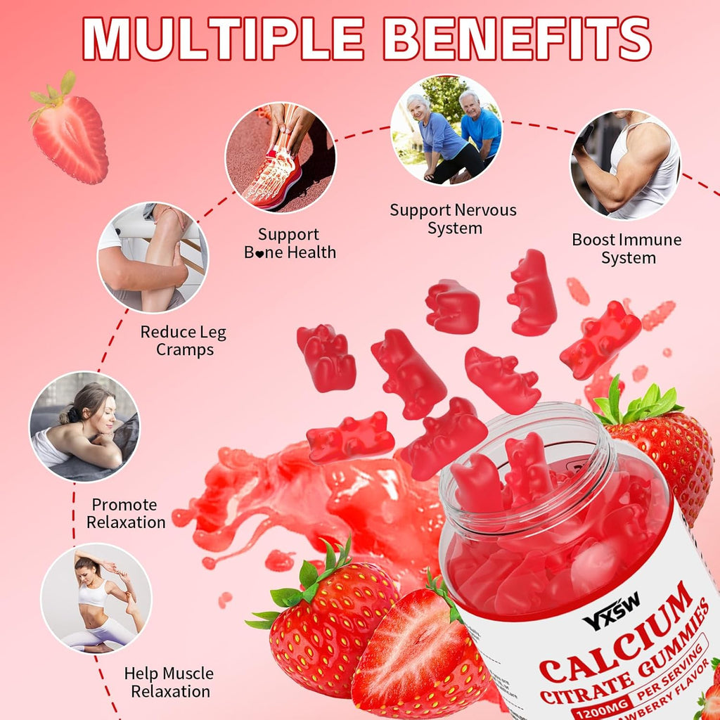 Calcium Citrate Gummies 1200mg, Chewable Calcium Supplement for Women & Men, Sugar Free Calcium for Bone, Muscle & Immune Support, Gluten Free, Vegan, Non-GMO, Strawberry Flavor, 120 Count