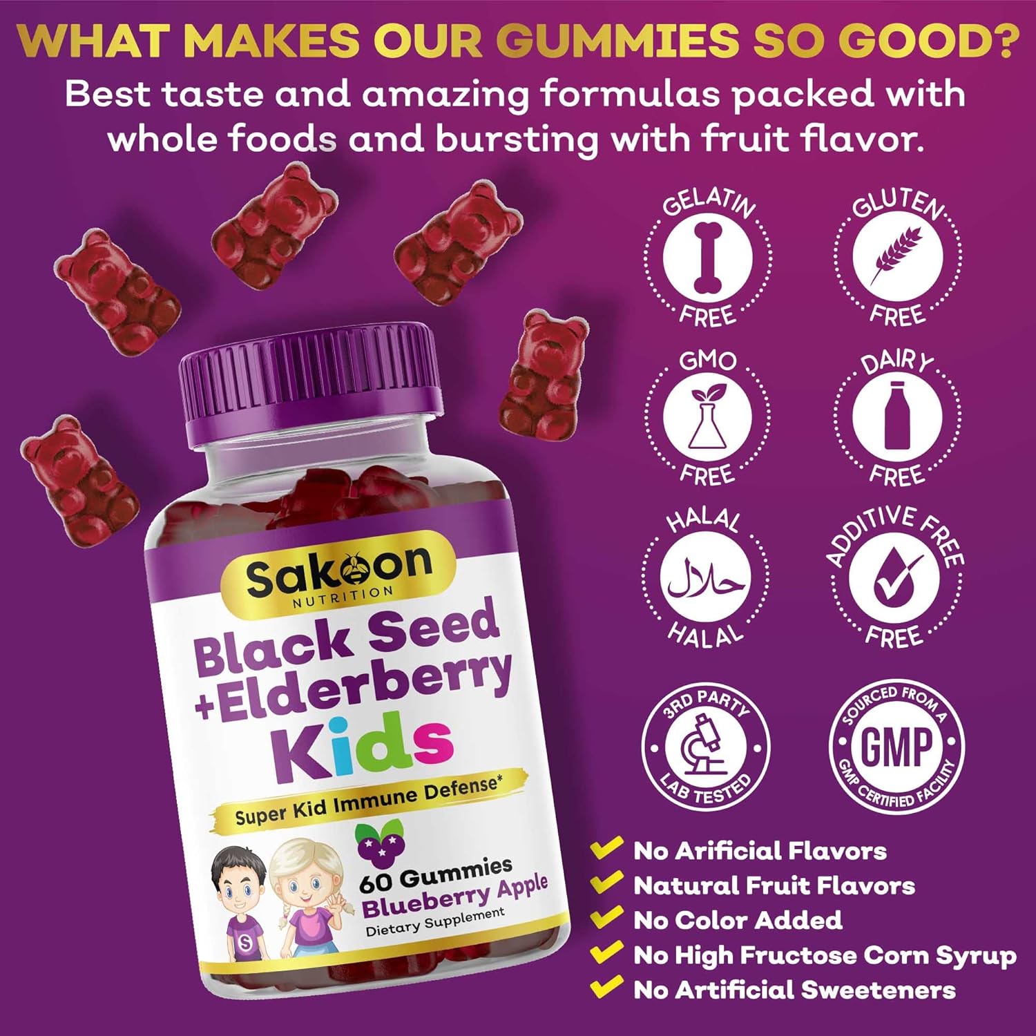 Elderberry & Black Seed Oil Gummies for Kids, Immune Support, with Vitamin C and Zinc, Delicious Berry Flavor, 60 Gummies