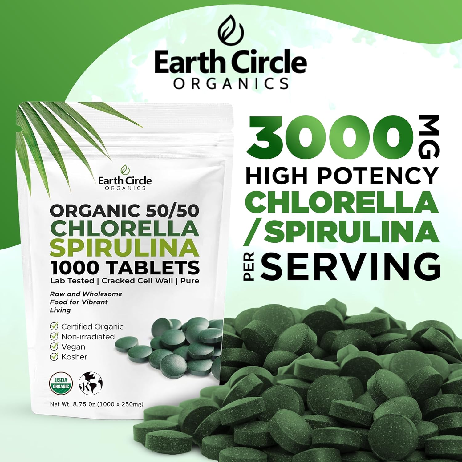 Premium Organic CHLORELLA /SPIRULINA 1000 Tablets (50/50) Kosher, Vegan - Green Algae Superfood, Cracked Cell Wall, Chlorophyll, High in Protein & Iron, no additives, or fillers 8.75 Oz (2 Pack)