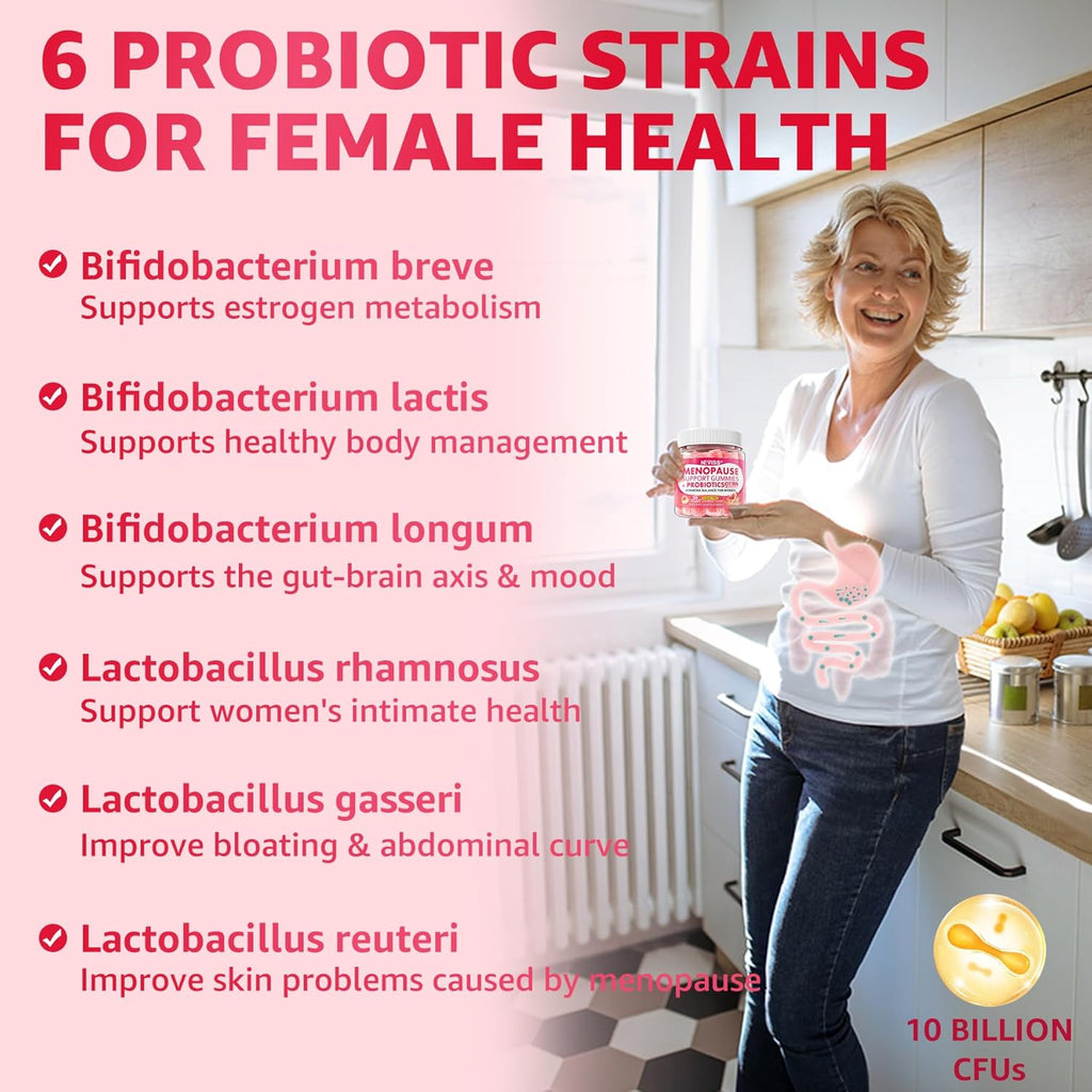 Sugar Free Menopause Supplement Gummies for Women, Menopause Probiotics (10 Billion CFU) Filled Gummy with Ashwagandha, Dong Quai & Black Cohosh for Hot Flashes, Night Sweats, Mood Swings, Gut Health