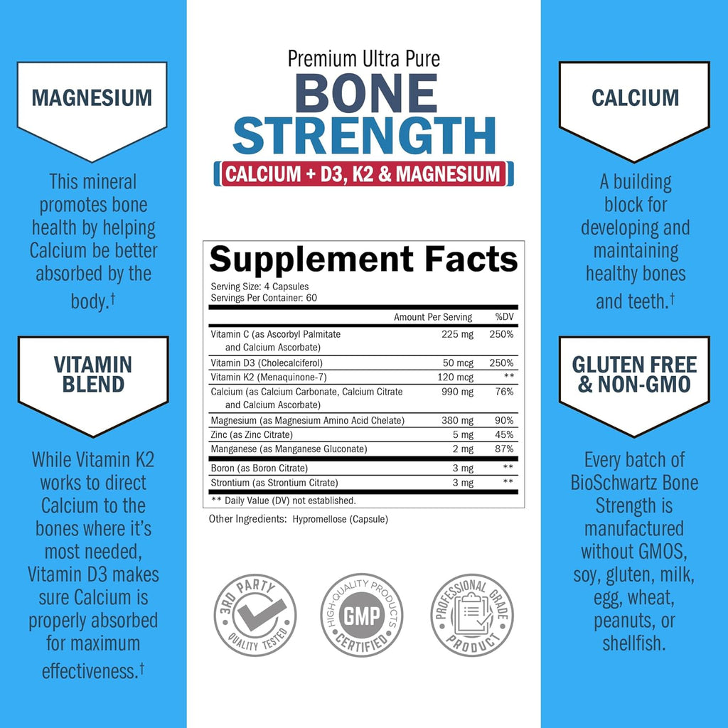 High Absorption Bone Strength Supplement - Gentle Non-Constipating Bone Health Supplement for Women & Men with 9-in-1 Complex with Calcium Magnesium Zinc D3 K2 & More - 3rd Party Tested - 2 Months
