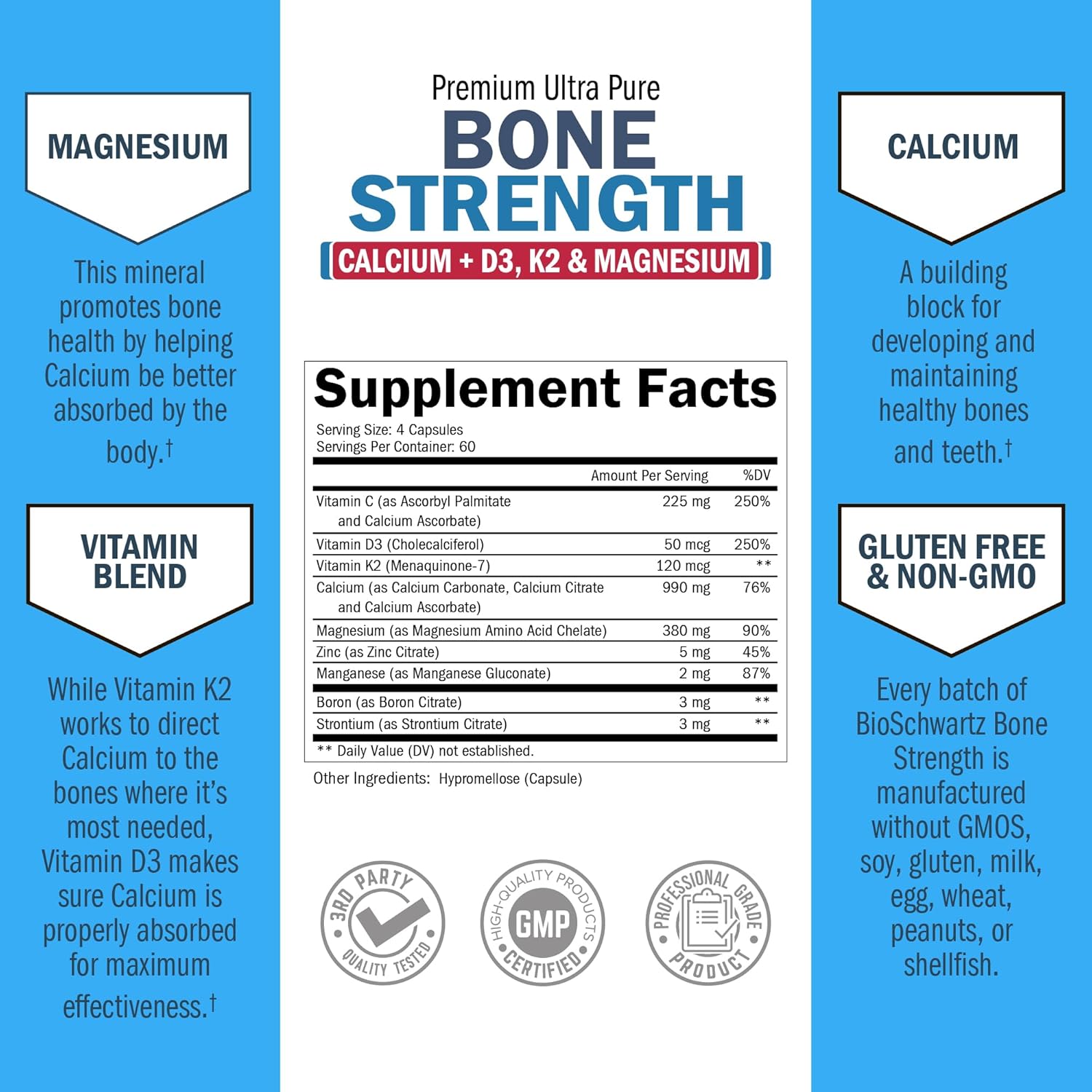 High Absorption Bone Strength Supplement - Gentle Non-Constipating Bone Health Supplement for Women & Men with 9-in-1 Complex with Calcium Magnesium Zinc D3 K2 & More - 3rd Party Tested - 2 Months