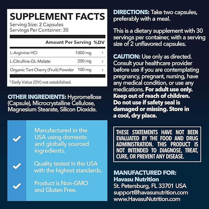 1,000 mg L-Arginine Capsules with L-Citrulline - Nitric Oxide Supplement - L Arginine w/ L Citrulline - 60 Count - Vegan, Non-GMO Capsules for Performance, Endurance, Muscle Support - 1 Month Supply