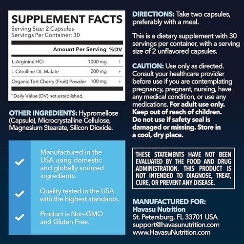 1,000 mg L-Arginine Capsules with L-Citrulline - Nitric Oxide Supplement - L Arginine w/ L Citrulline - 60 Count - Vegan, Non-GMO Capsules for Performance, Endurance, Muscle Support - 1 Month Supply