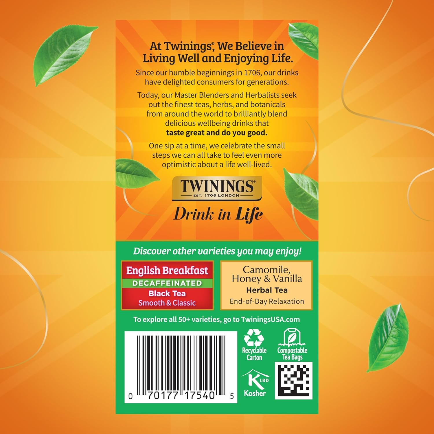 Twinings Decaffeinated Irish Breakfast Black Tea Individually Wrapped Bags, 20 Count (Pack of 6), Flavourful, Robust, Enjoy Hot or Iced, 120 Teabags