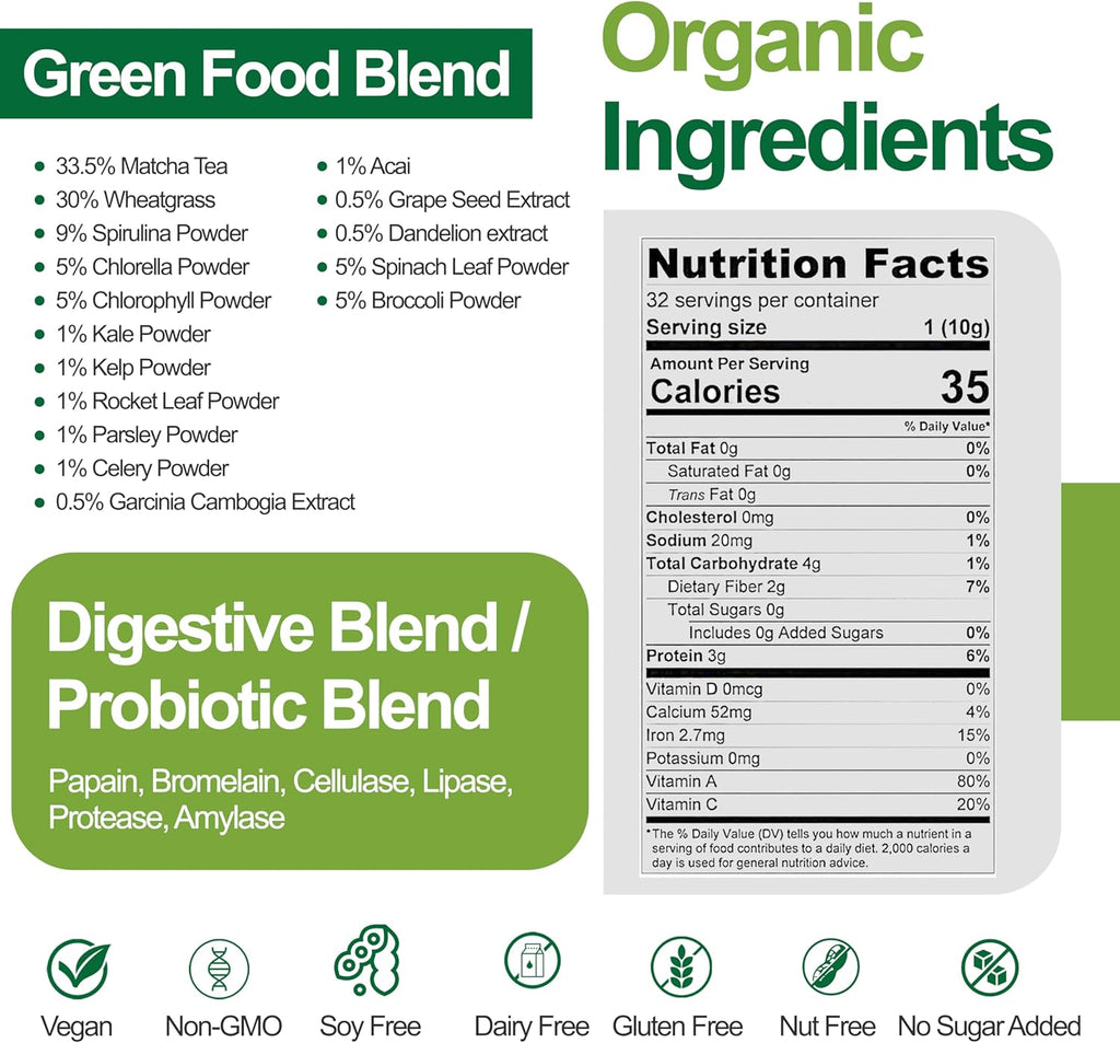 Teami Organic Super Greens Powder for Immunity & Digestion, Non-GMO Greens Superfood Powder to Support Energy, 16 superfood Ingredients, Sugar-Free Veggie Powder for Juice & Smoothie, 32 Servings