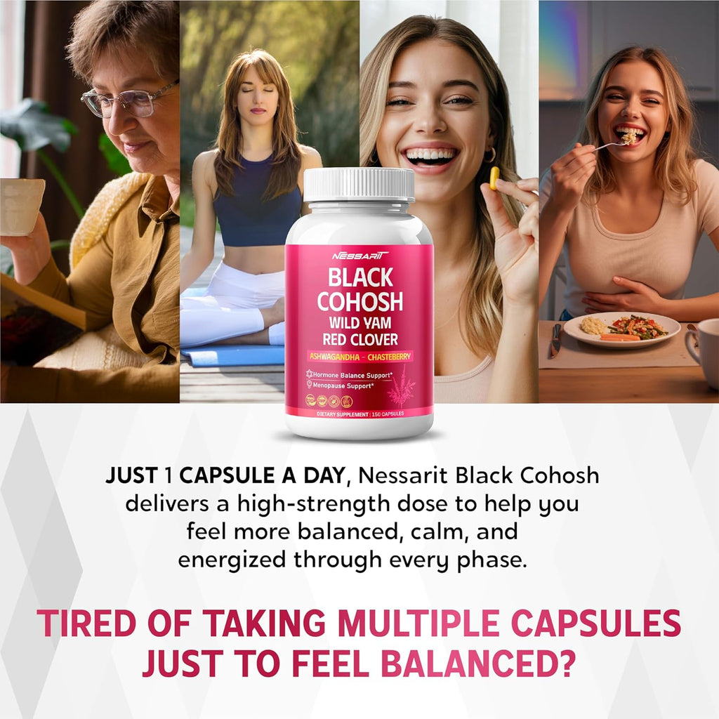 Black Cohosh 9,600mg* – Hormonal Balance Support with Wild Yam, Red Clover, Ashwagandha, Chasteberry & More – 150 Capsules – Made & Lab Tested in USA