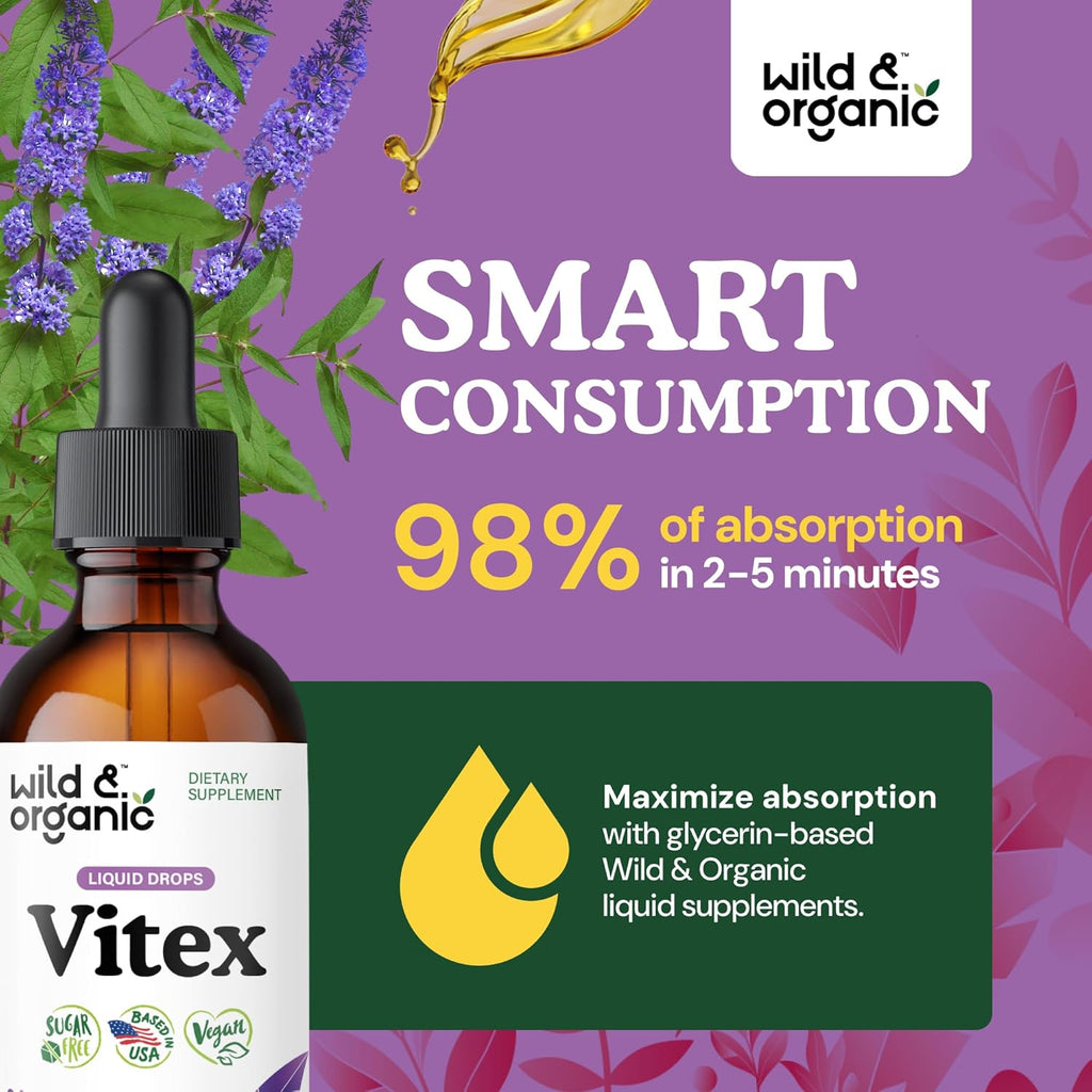 Wild & Organic Vitex Tincture - Vitex Chasteberry Supplement for Women - Liquid Chaste Tree Supplement for Mood Support - Vegan, Sugar & Alcohol-Free Berry Extract Drops - 2 fl oz