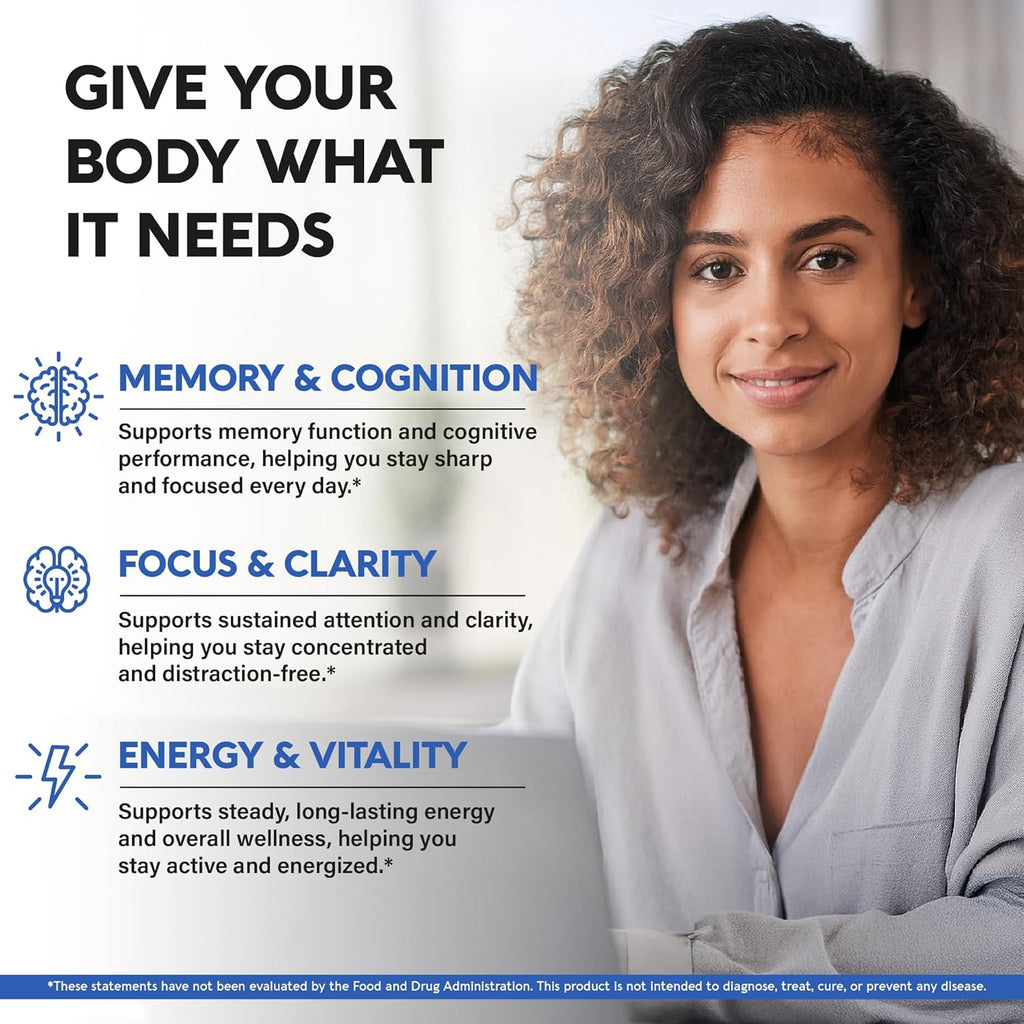 Brain Supplement for Memory & Focus 750 mg - Magnesium | L-Theanine | Bacopa Monnieri | Ginkgo Biloba | Lions Mane - 12in1 Nootropic Complex for Neuro Health - Caffeine-free - Made in USA, 60 Capsules