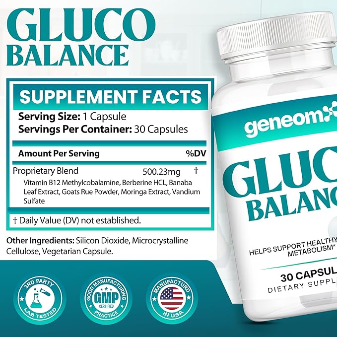 Gluco Balance – Blood Glucose Support Supplements with Berberine HCl, Banaba Leaf, Moringa, B12 & Vanadium – Supports Insulin Sensitivity, Metabolic Function & Energy – 30 Capsules