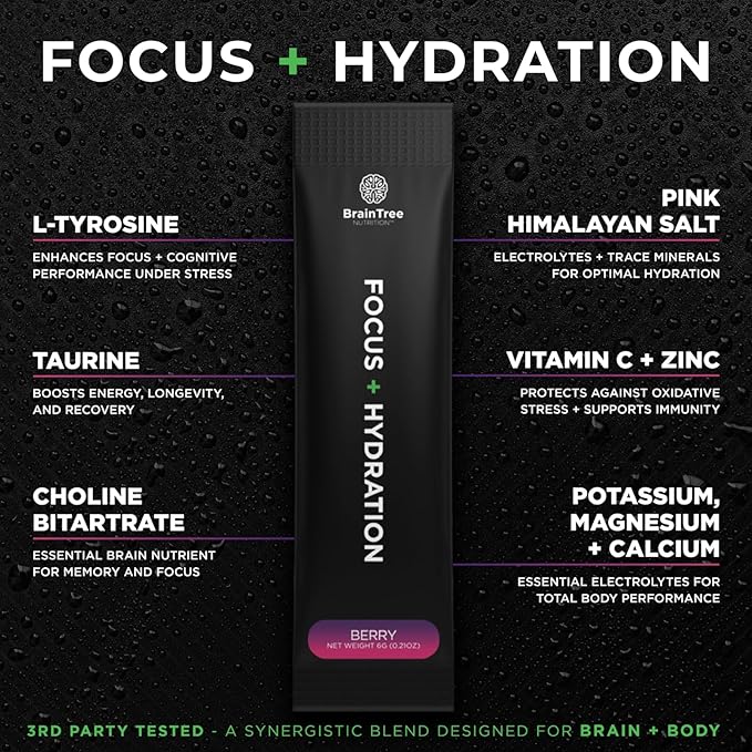 BrainTree Nutrition - Focus + Hydration - Electrolyte Drink Mix - Total Body Hydration - Supports Cognitive Function, Energy & Muscle Recovery - Sugar Free - Berry - 30 Stick Packs
