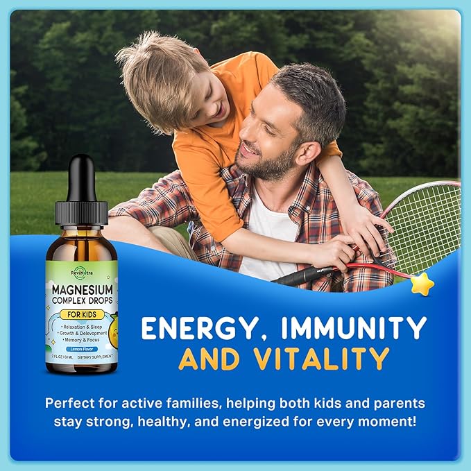 Magnesium Glycinate Liquid for Kids, Kids Magnesium Liquid Drops Supplement with L-Theanine, Calcium, Zinc, Vitamin D3 K2 for Sleep Calm Relaxation Brain Bones Focus, Lemon Flavor 2 Fl Oz
