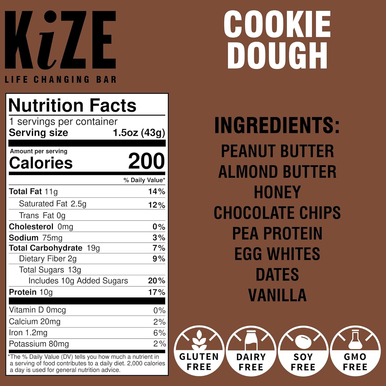 KiZE Energy Bars - Peanut Butter Chocolate Chip & Cookie Dough Bundle - 20-Count - Gluten Free, Dairy Free Options, Non-GMO, and High Protein Meal Replacement Energy Bars, Clean and Simple Food Ingredients - 10g High Protein Snacks (20 Count)