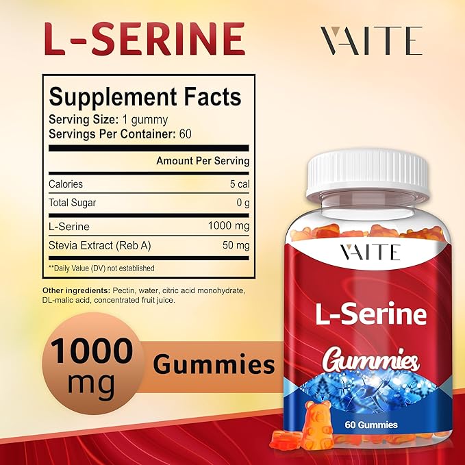 L-Serine Gummies 1000mg - Pure L Serine Supplement for Cognitive Function and Nervous System Health, Phosphorylated LSerine Supplements for Brain Support, Non-GMO, Gluten Free, 60 Vegetarian Gummy