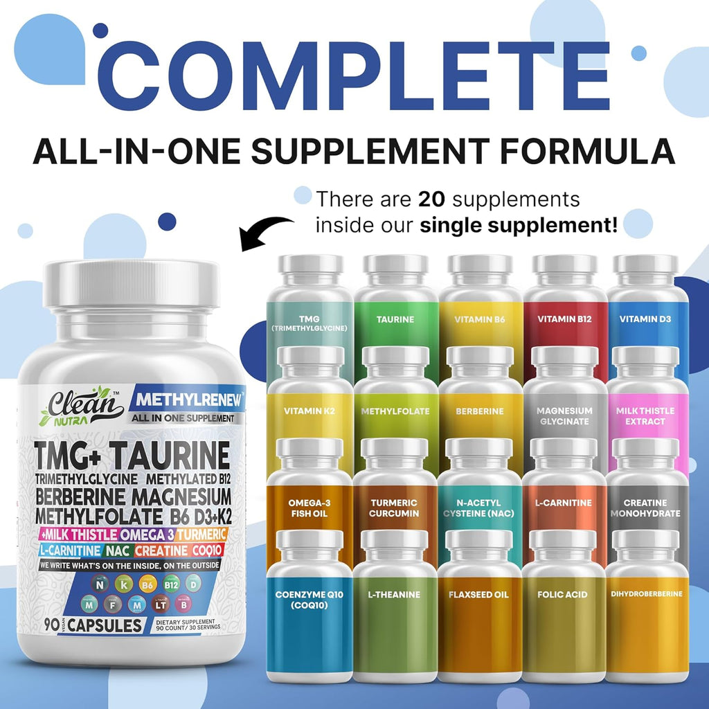 Clean Nutra TMG Trimethylglycine Supplement 1,000mg + Taurine Methylated Multivitamin for Women Men B6 B12 D3 K2 Magnesium Methylfolate Milk Thistle Omega 3 NAC L Carnitine COQ10 B Complex Vitamin