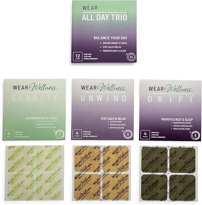 All Day Trio - Unwind, Drift & Clarity Film Patches - Topical Patches for Calm, Focus & Sleep Support - Long-Lasting Effect – 12 Pack