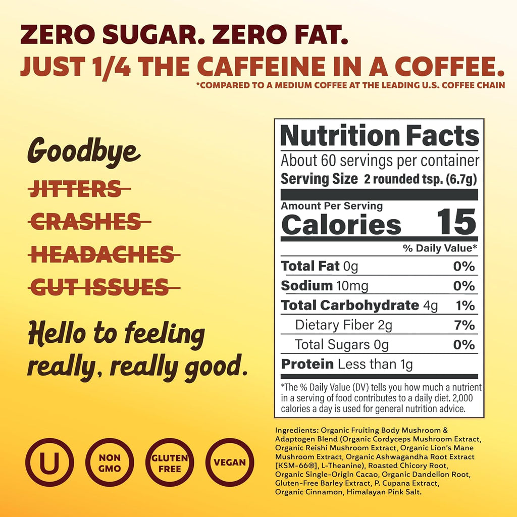 Joey Mushroom Coffee Alternative with Cacao Dandelion Root, and Chicory, Instant Mushroom Coffee Substitute with Superfoods, Vegan Gluten-Free Energy Drink for Focus and Calm, 60 Servings