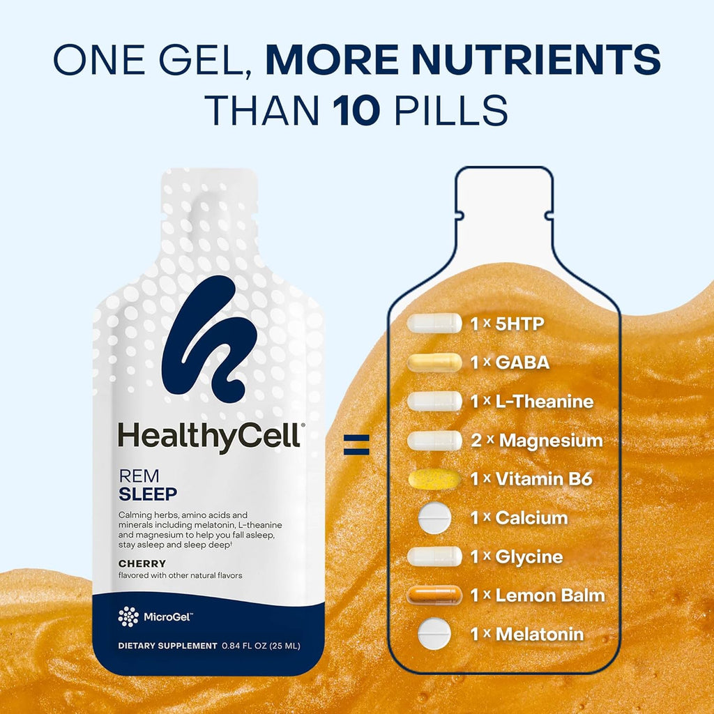 Healthycell REM Sleep Aid Supplement for Adults - Liquid Gel Extra Strength Sleep Supplement with Melatonin, Magnesium, L-Theanine, GABA & Natural Calming Herbs - 30 Gel Packs, Cherry Flavored