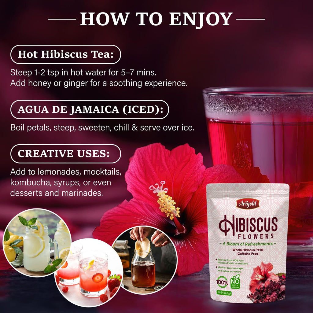 Arigold Pure Whole Petals Hibiscus Tea 1lb – Organic Dried Hibiscus Flowers,Flor de Jamaica, Hibiscus Sabdariffa, Bissap, Sorrel, hibiscus tea loose leaf Herbal Tea for Agua Fresca, Cocktails, Iced Tea & Hot Tea | Caffeine-Free & Rich in Antioxidants.