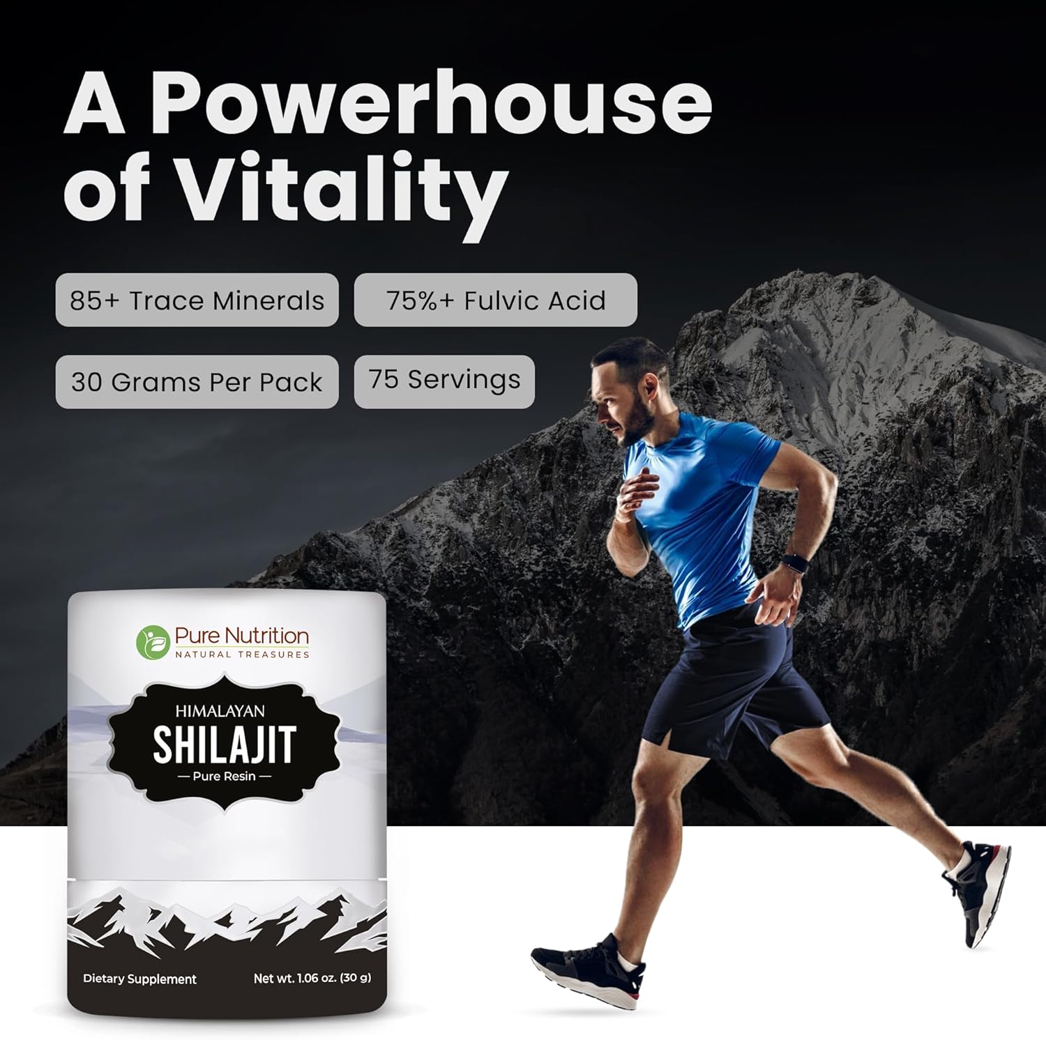 Pure Nutrition Himalayan Shilajit Resin for Men & Women | 30 Gram | 75 Servings | High Potency Pure Himalayan Shilajit Resin with 85+ Trace Minerals, 75%+ Fulvic Acid