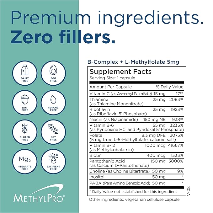 MethylPro B-Complex + L-Methylfolate 5 mg - Methylated Vitamin B Complex for Women and Men, Cellular Energy Support with Folate, Niacin and Biotin, Vit B Supplement - 90 Vegan Capsules
