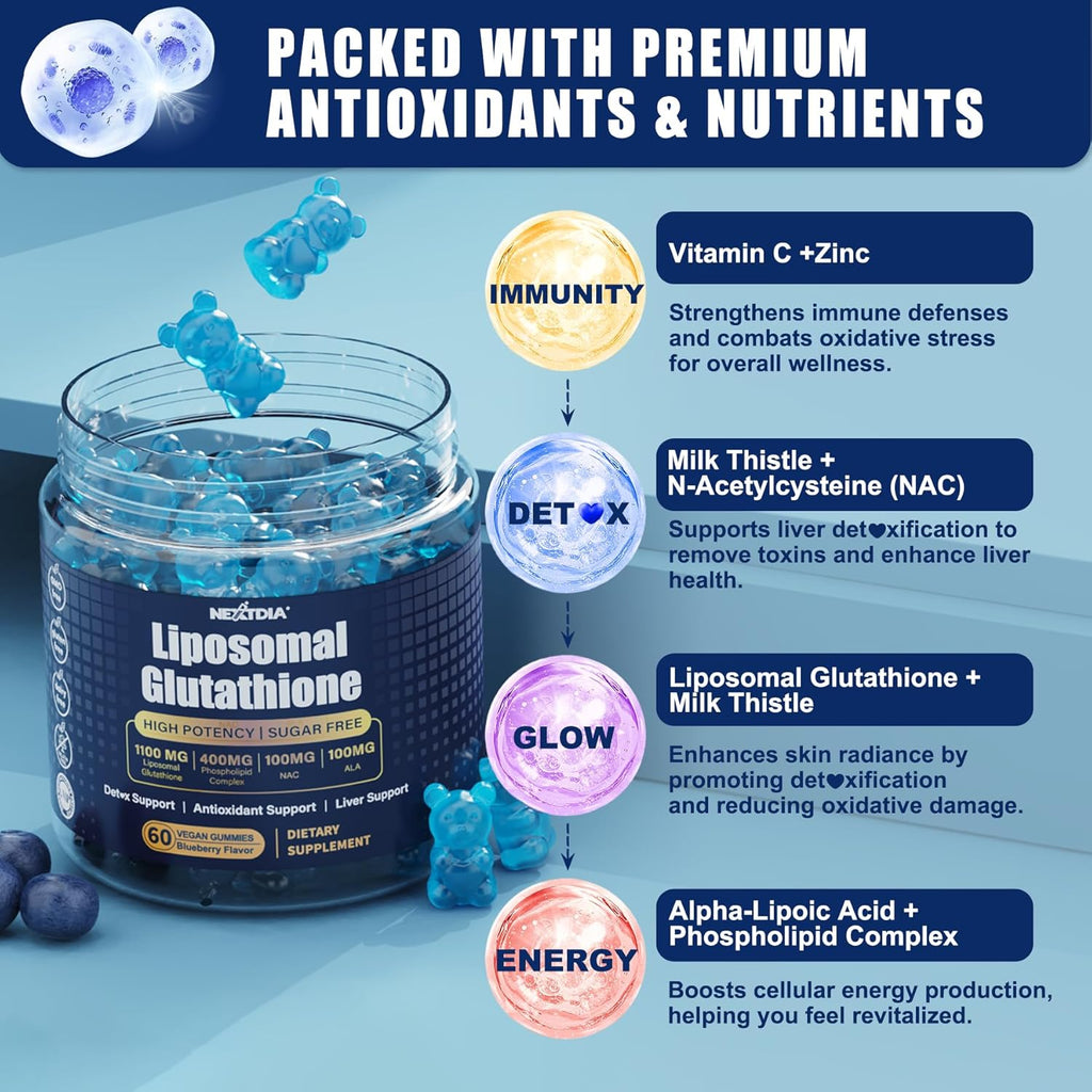 Liposomal Glutathione Gummies Chews, 1100mg Concentrated Formula - 98% Bioavailable w/Vitamin C, ALA, NAC & Milk Thistle for Antioxidant - Liver Cleanse Detox Supplement, Vegan, 120 ct