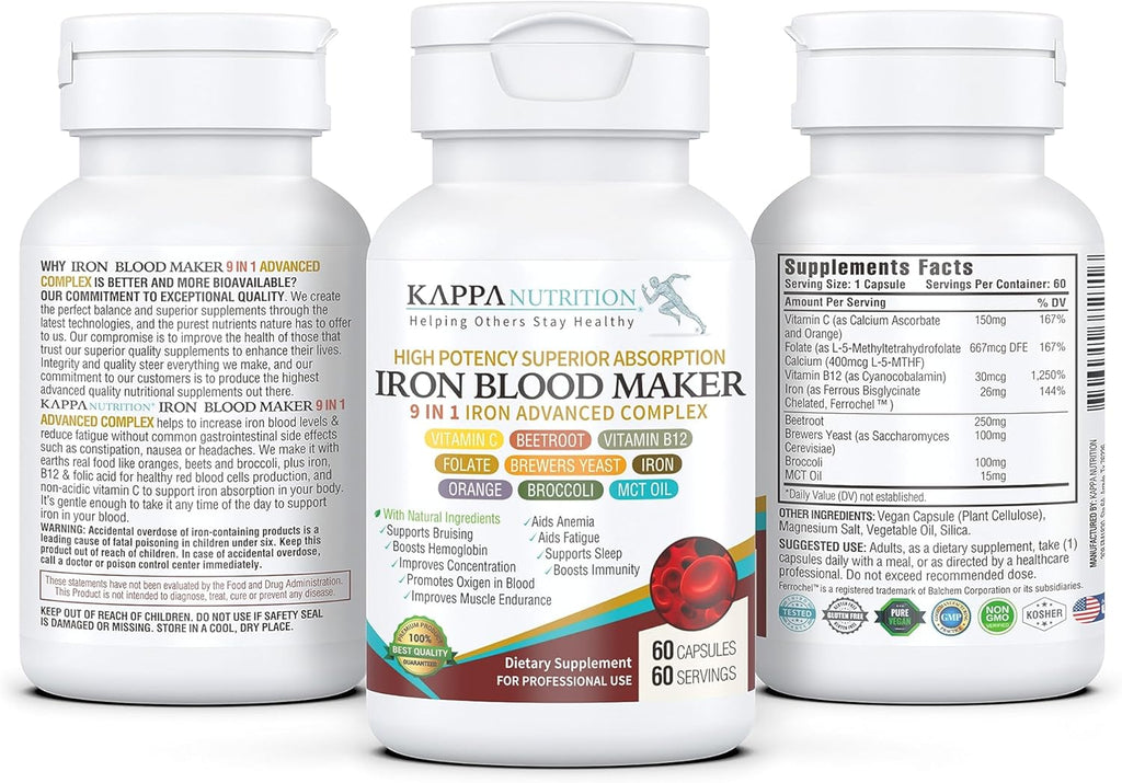 KAPPA NUTRITION Iron 26mg, Vitamin C & Orange 150mg, Folate 667mcg DFE, Vitamin B12, Beetroot, Brewers Yeast, Broccoli & MCT Oil 9 in 1 Advanced Complex (60 Capsules)