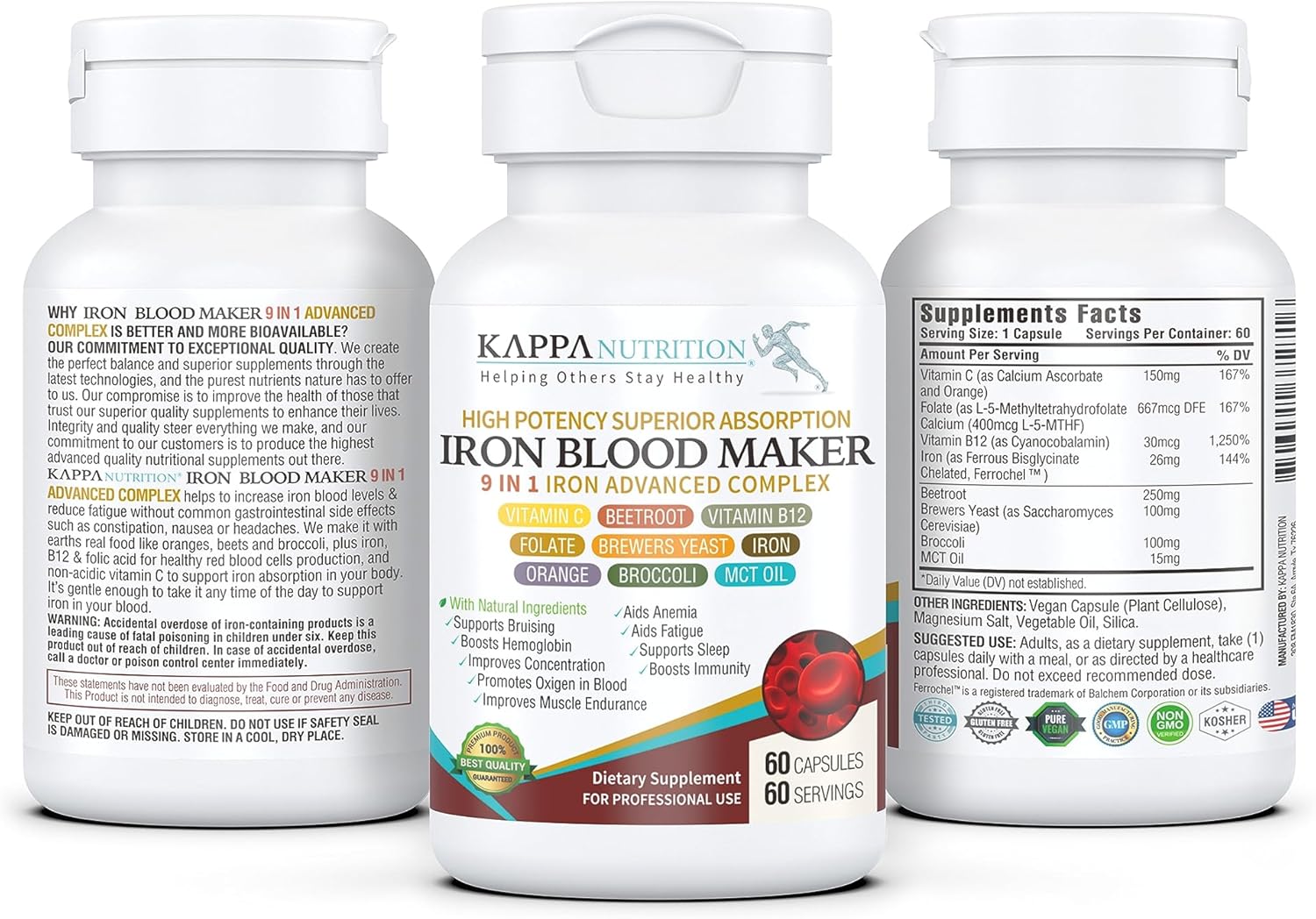 KAPPA NUTRITION Iron 26mg, Vitamin C & Orange 150mg, Folate 667mcg DFE, Vitamin B12, Beetroot, Brewers Yeast, Broccoli & MCT Oil 9 in 1 Advanced Complex (60 Capsules)