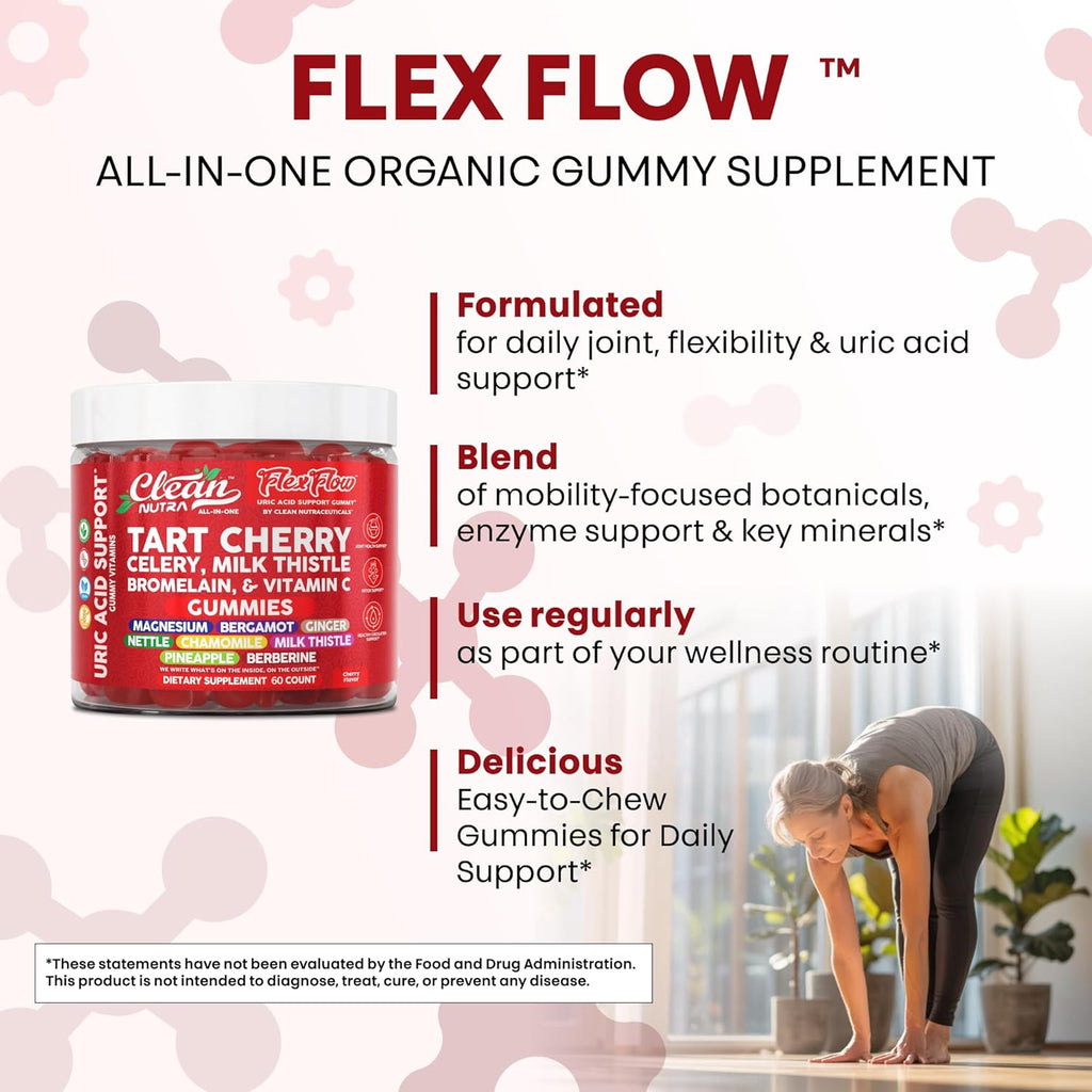 Clean Nutra Tart Cherry Gummies Uric Acid Flush Celery Milk Thistle Bromelain Vitamin C Magnesium Citrus Bergamot Ginger Stinging Nettle Leaf Chamomile Berberine Quercetin Support 60 Gummy Vitamins