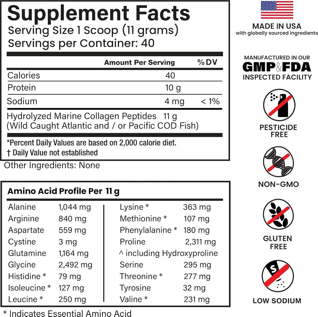 Wild Caught Marine Collagen Peptides Powder 440grams (40 Servings) Unflavored, MSC-Certified, Non-GMO, Third-Party Lab Tested