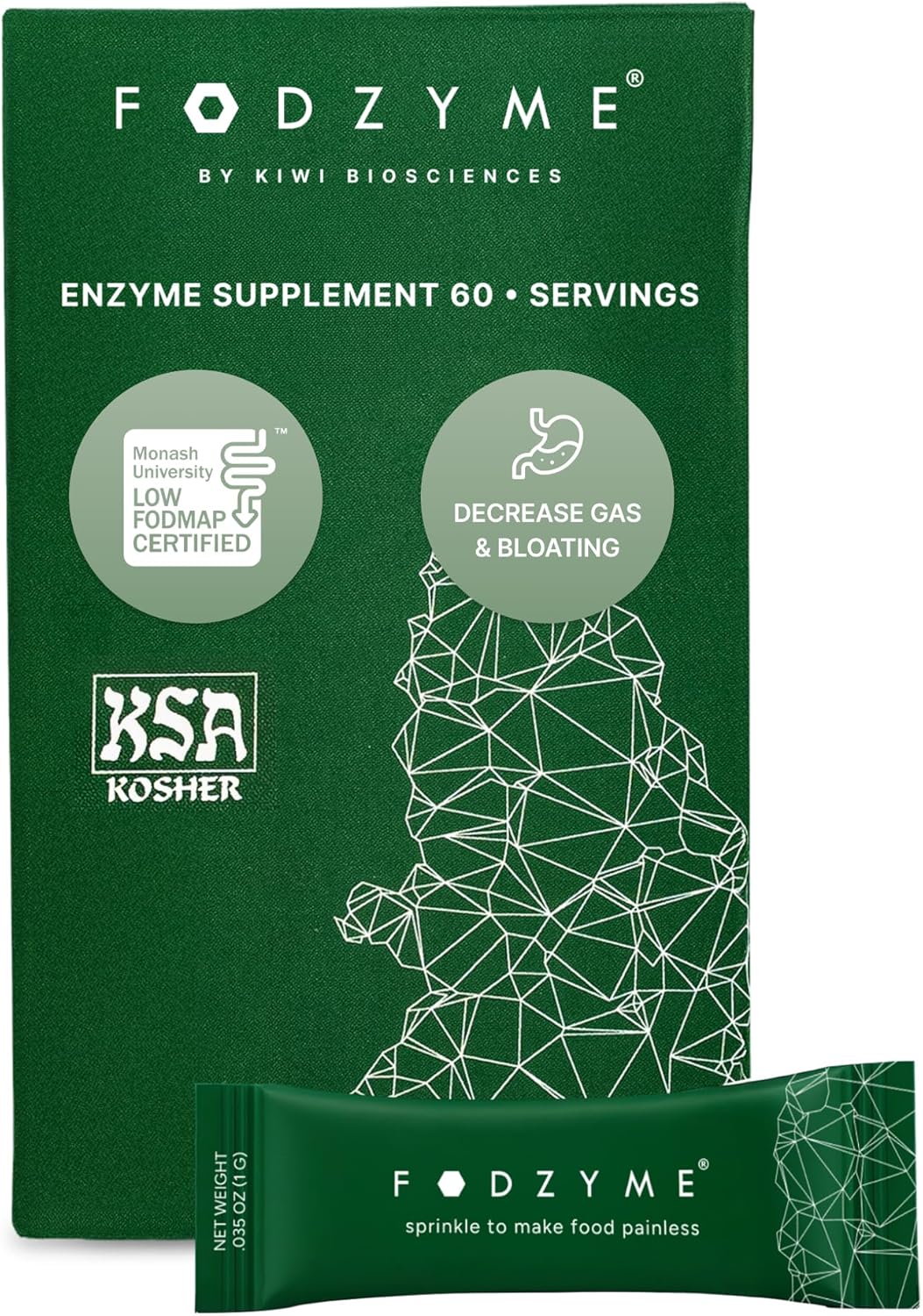 FODZYME® On-The-Go Digestive Enzymes for Gut Health, Relief for Bloating, Gas, Constipation, Diarrhea, Abdominal Pain, Low FODMAP, 30 Dose