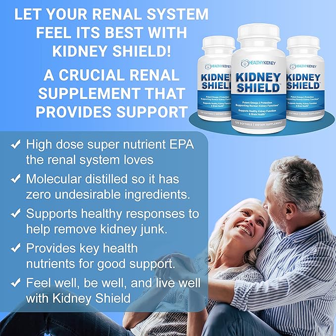 Kidney Shield Omega 3 Fish Oil Supplements - DHA EPA Omega 3 Supplement for Women & Men Kidney Health - Omega3 to Support Normal Kidneys Function & Cleanse, Detox & Repair - 120 Lemon Softgels