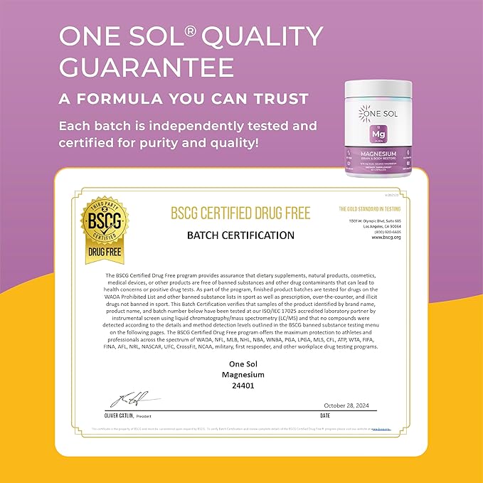 One Sol Magnesium, 1378 mg Dual Source Magnesium Bisglycinate for Sleep, Relaxation and Full Body Recovery, High Absorption, Vegan, Non-GMO, Gluten & Soy-Free, Made in USA, 60 Capsules