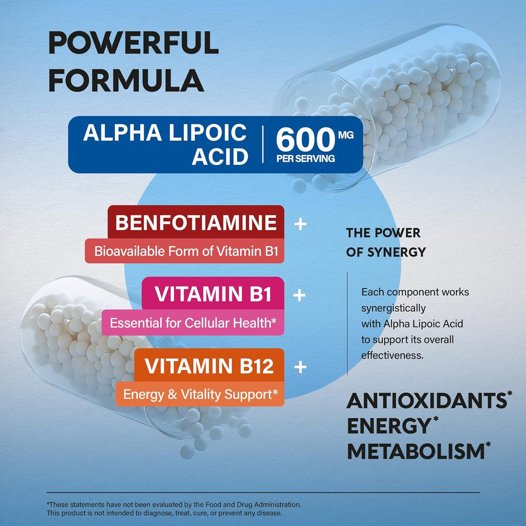 Alpha Lipoic Acid 600mg - ALA Supplement Antioxidant for Nerve, Energy & Metabolism Support - Extra Strength with Benfotiamine, Vitamins B1 & B12 - Lab Tested, Non-GMO & Vegan - 240 Capsules