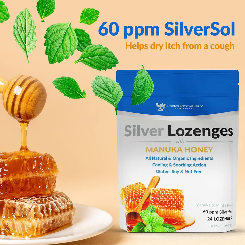Silver Lozenges with Organic Manuka Honey and Vitamin C - All-Natural Nano Silver 45-50mcg of 60 PPM Colloidal Silver Mineral Drops to Support Immune System, Soothe, Cool Cough & Throat, 48-Lozenges