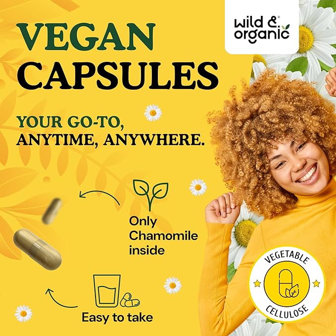 Wild & Organic Chamomile Capsules 800 mg - Relaxation & Digestive Support - Herb Chamomile Extract Supplement - Matricaria Recutita Flower - Vegan, No Fillers, Non-GMO - 60 Count