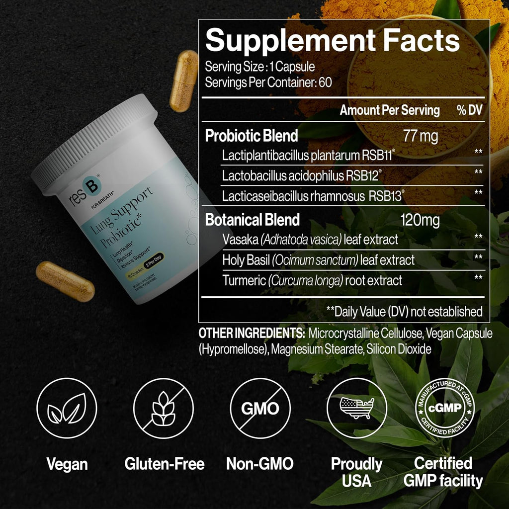 resB Lung Support Probiotic Supplement - Lung Health Supplement for Smokers, Gut Health, Immune Support, Respiratory Care, Holy Basil, Turmeric, Clinically Trialed - 180 Capsules (3 Bottles)