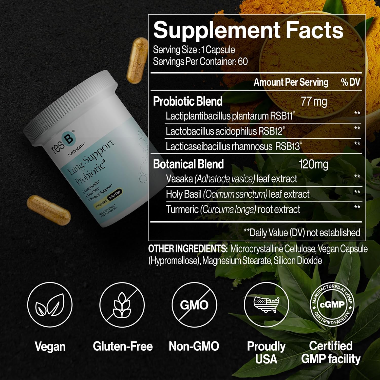 resB Lung Support Probiotic Supplement - Lung Health Supplement for Smokers, Gut Health, Immune Support, Respiratory Care, Holy Basil, Turmeric, Clinically Trialed - 360 Capsules (6 Bottles)