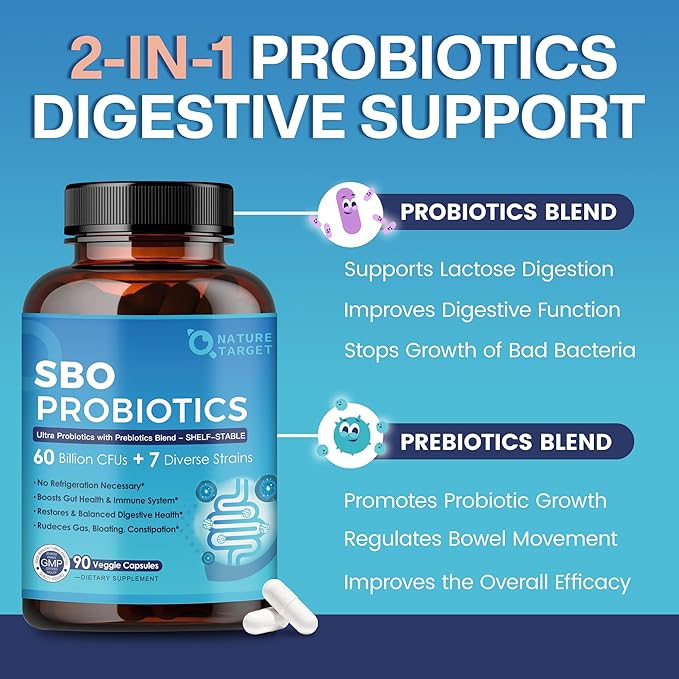NATURE TARGET Probiotics for Women & Men, 60 Billion CFU, Prebiotics and Probiotic for Gut Health - SBO Probiotics Supports Digestive, Constipation, Diarrhea, Gas & Bloating, 90 Veggie Capsules